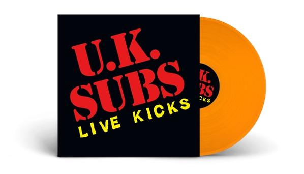 Az 'U.K. Subs' album borítója piros szöveggel és egy narancssárga bakelit lemezzel.