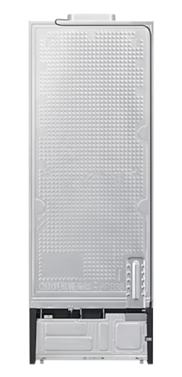 Panel tylny lodówki ze srebrnym wykończeniem i czarną podstawą.