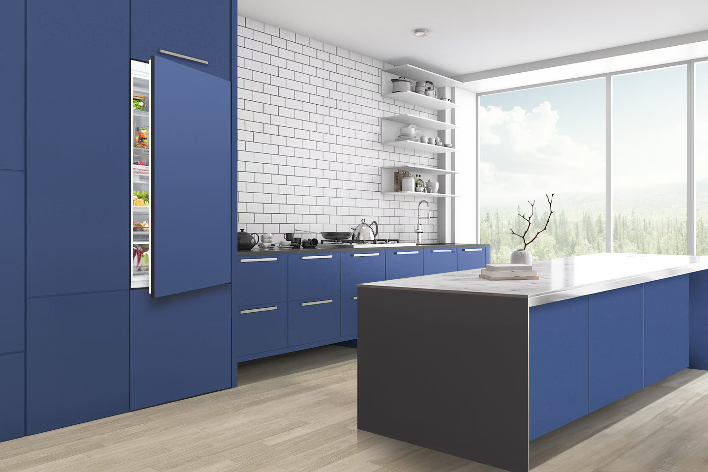 Nowoczesna niebieska kuchnia z otwartą lodówką. Biała ceglana ściana, urządzenia ze stali nierdzewnej i okno.