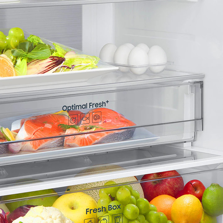 Wnętrze lodówki z półkami. Łosoś, jajka i owoce są widoczne na półkach.