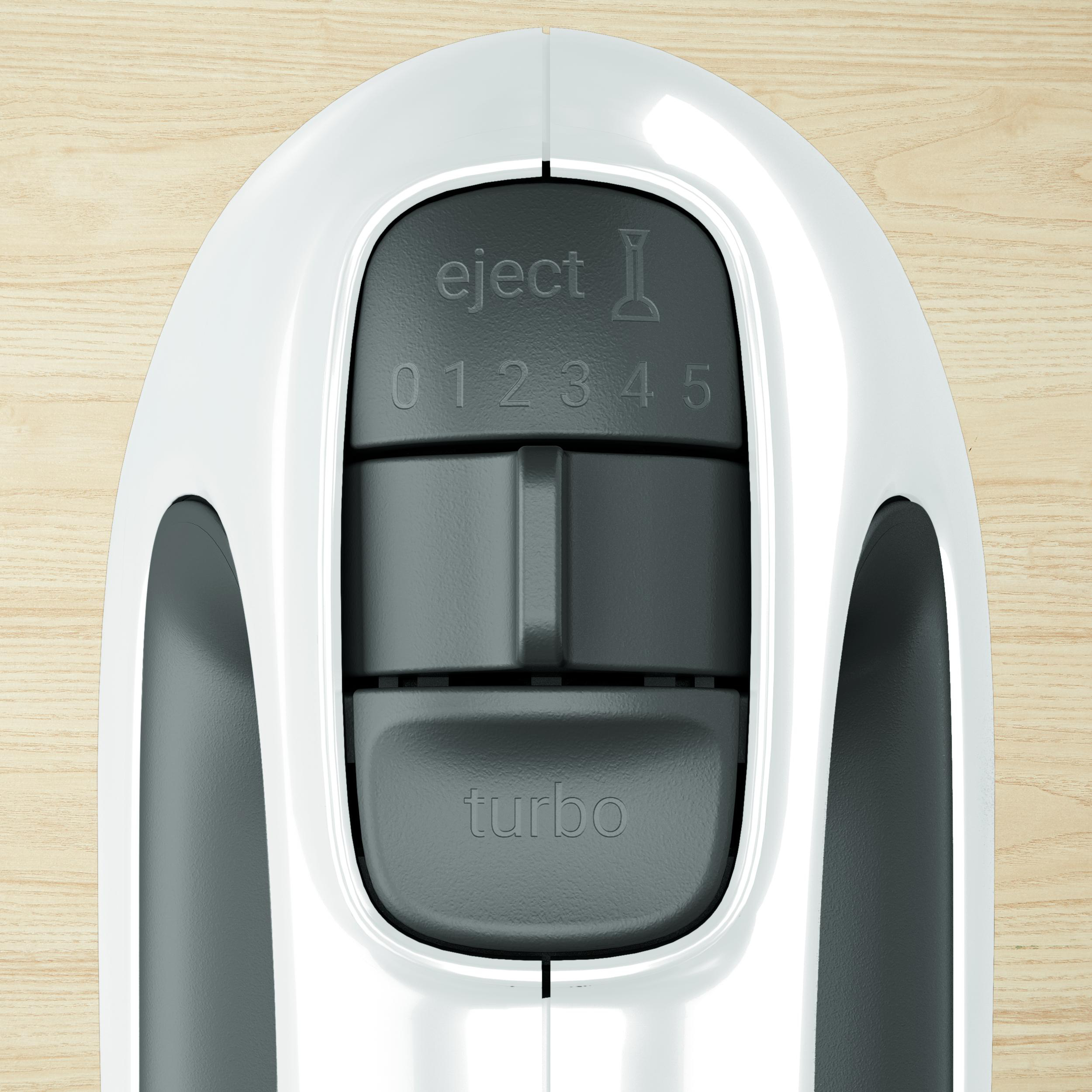 Draufsicht auf einen weiß-grauen Handmixer mit Geschwindigkeitseinstellungen.
