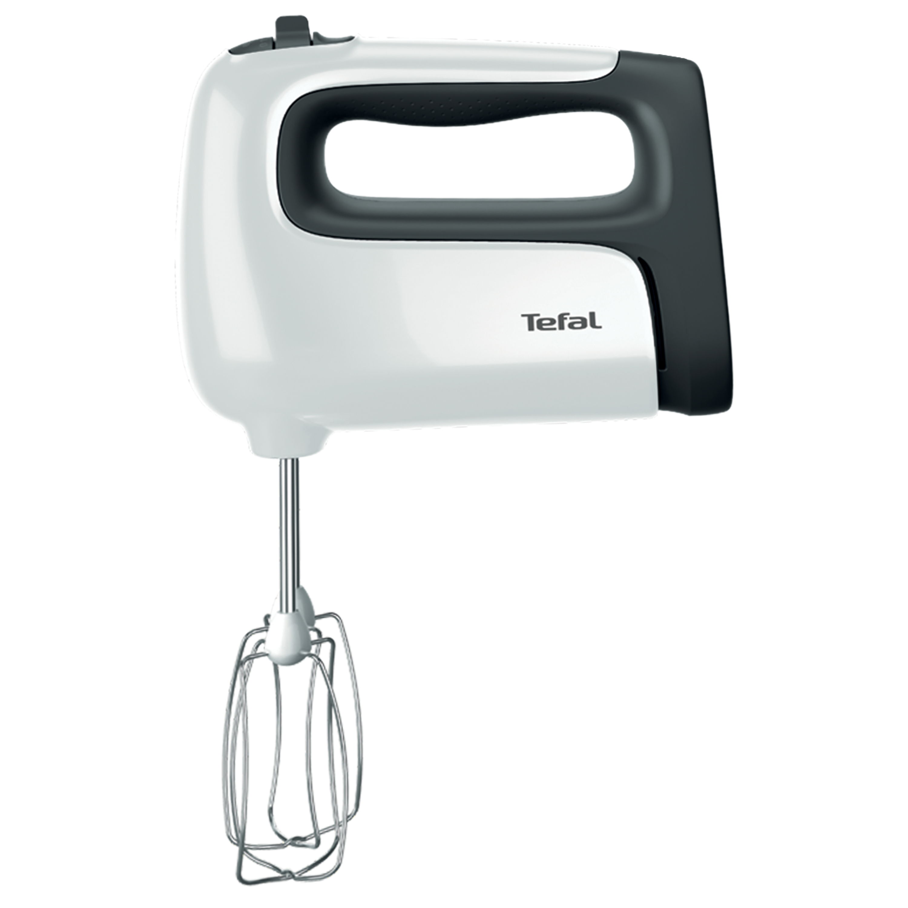 Ein weißer und grauer Handmixer mit einem Griff oben und einem Mixaufsatz unten.