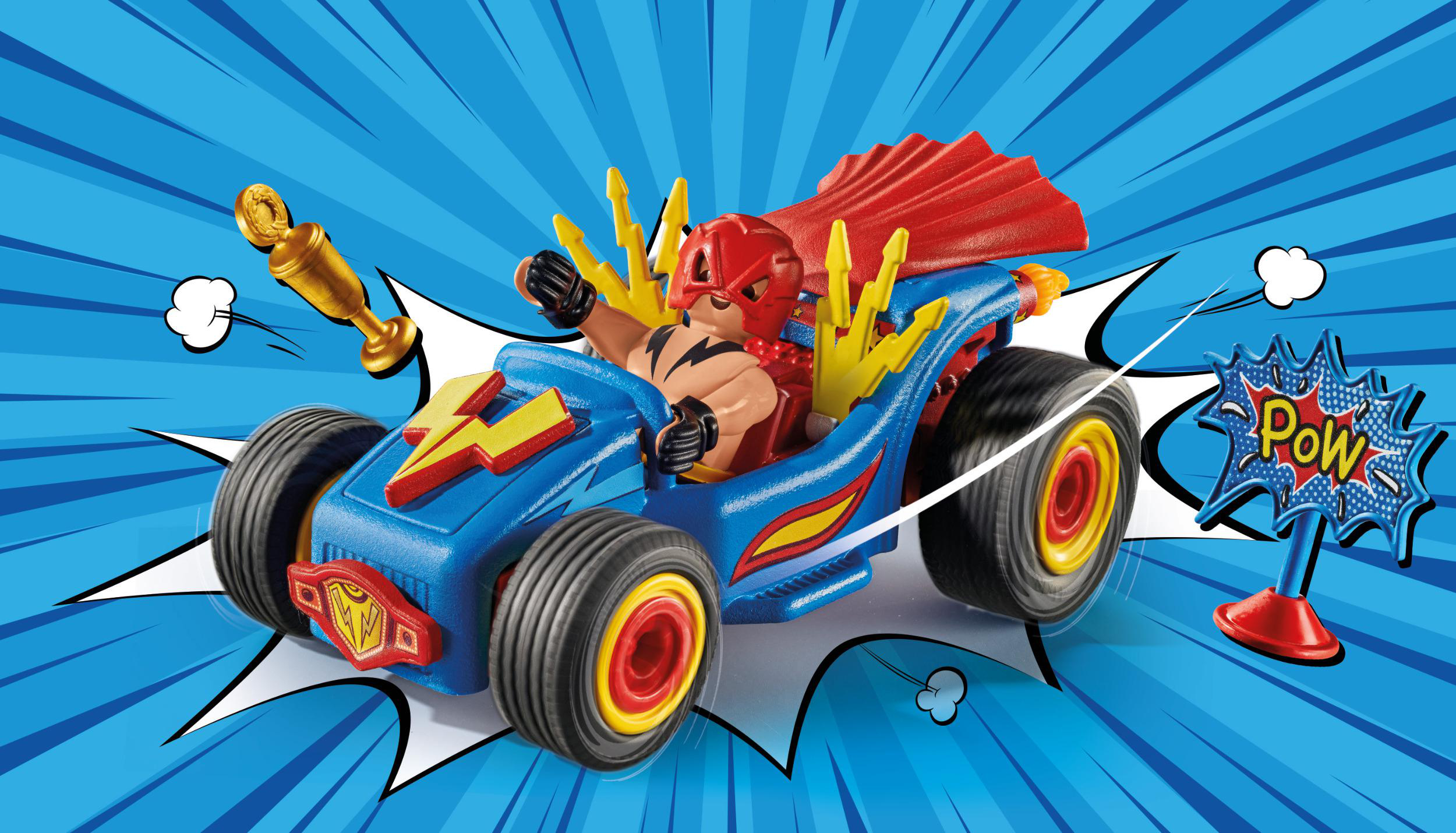 Ein Spielzeugauto mit einem Superhelden-Fahrer auf blauem Comic-Hintergrund.