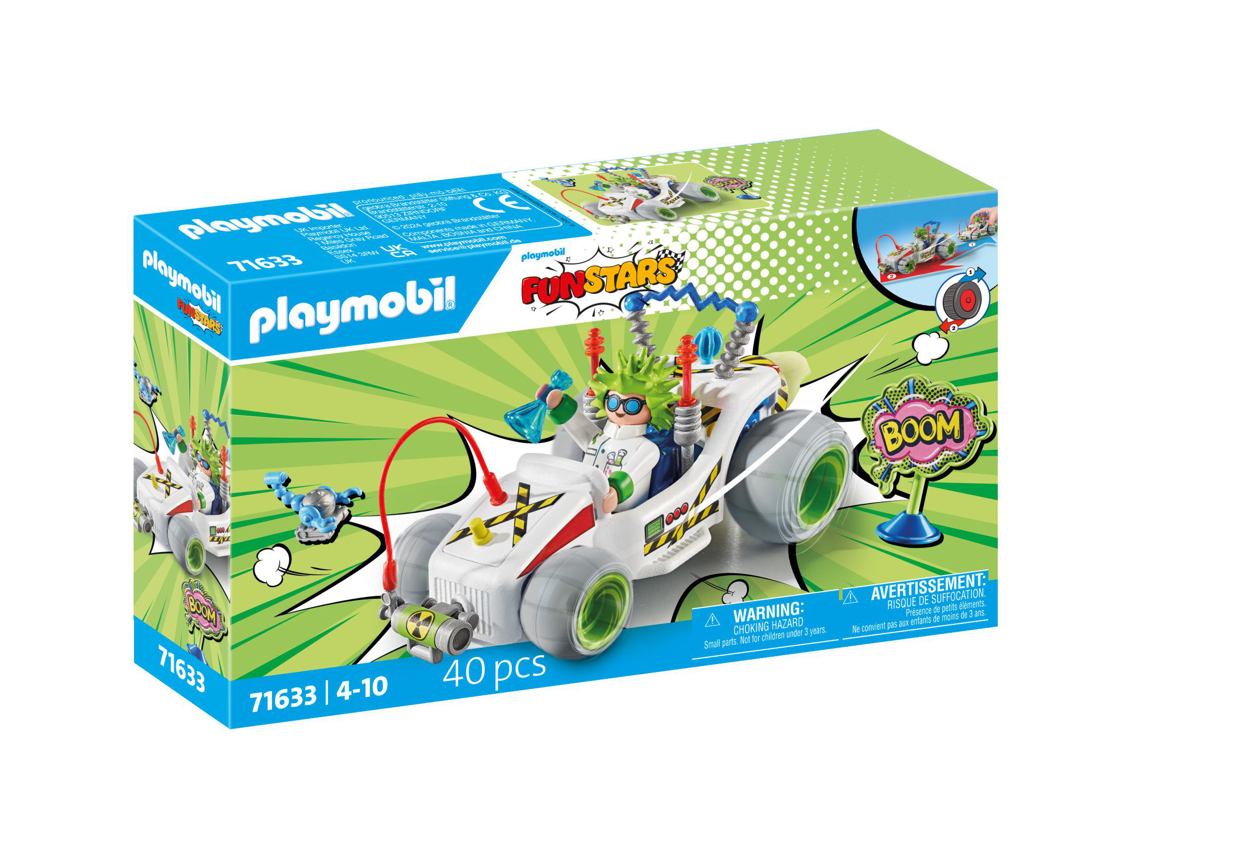 Ein Playmobil Fun Stars Box-Set mit einem Spielzeugauto, einem Wissenschaftler und anderem Zubehör.