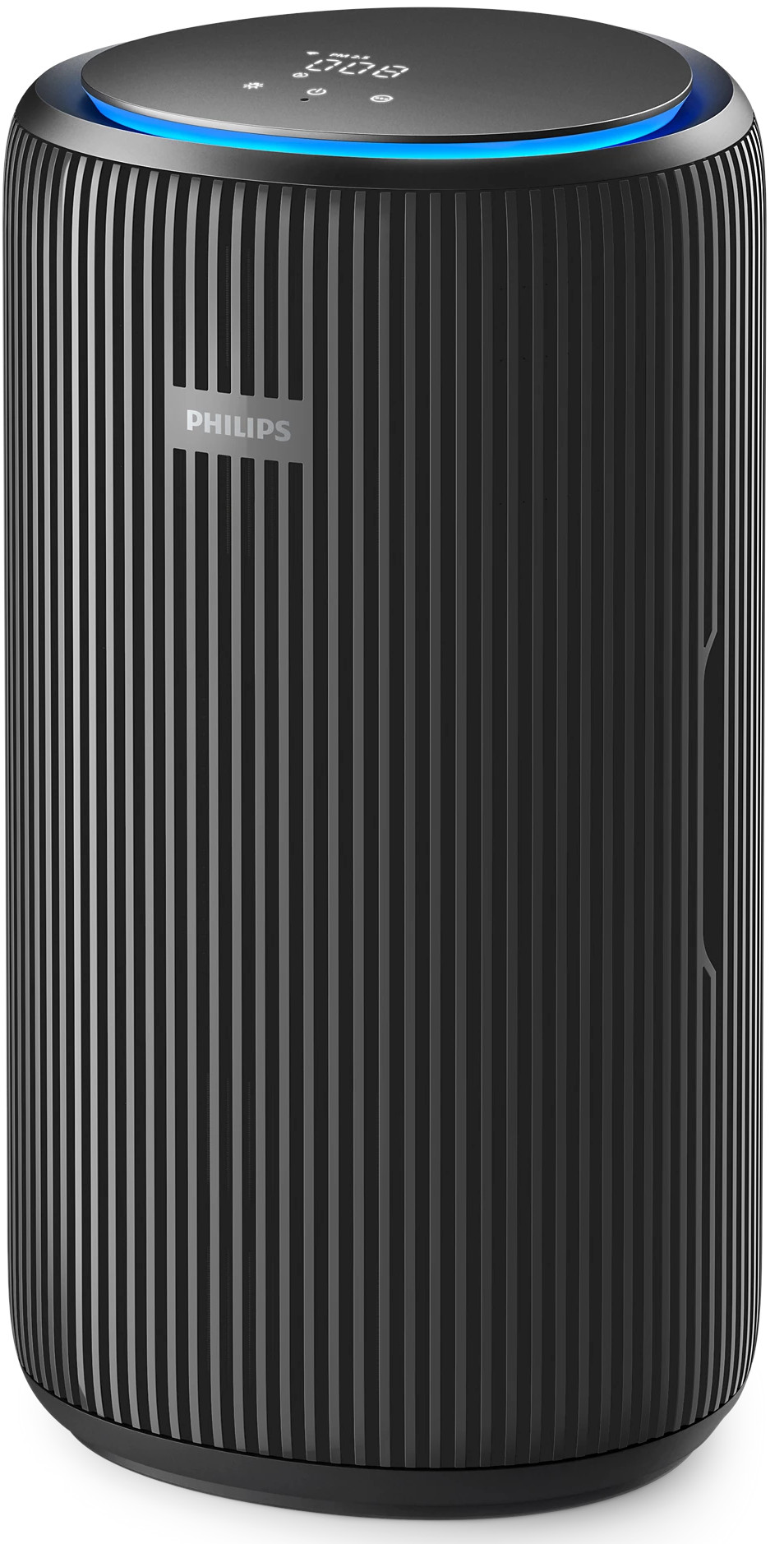 Czarny oczyszczacz powietrza z niebieskimi światłami na górze, pionowo żebrowany.