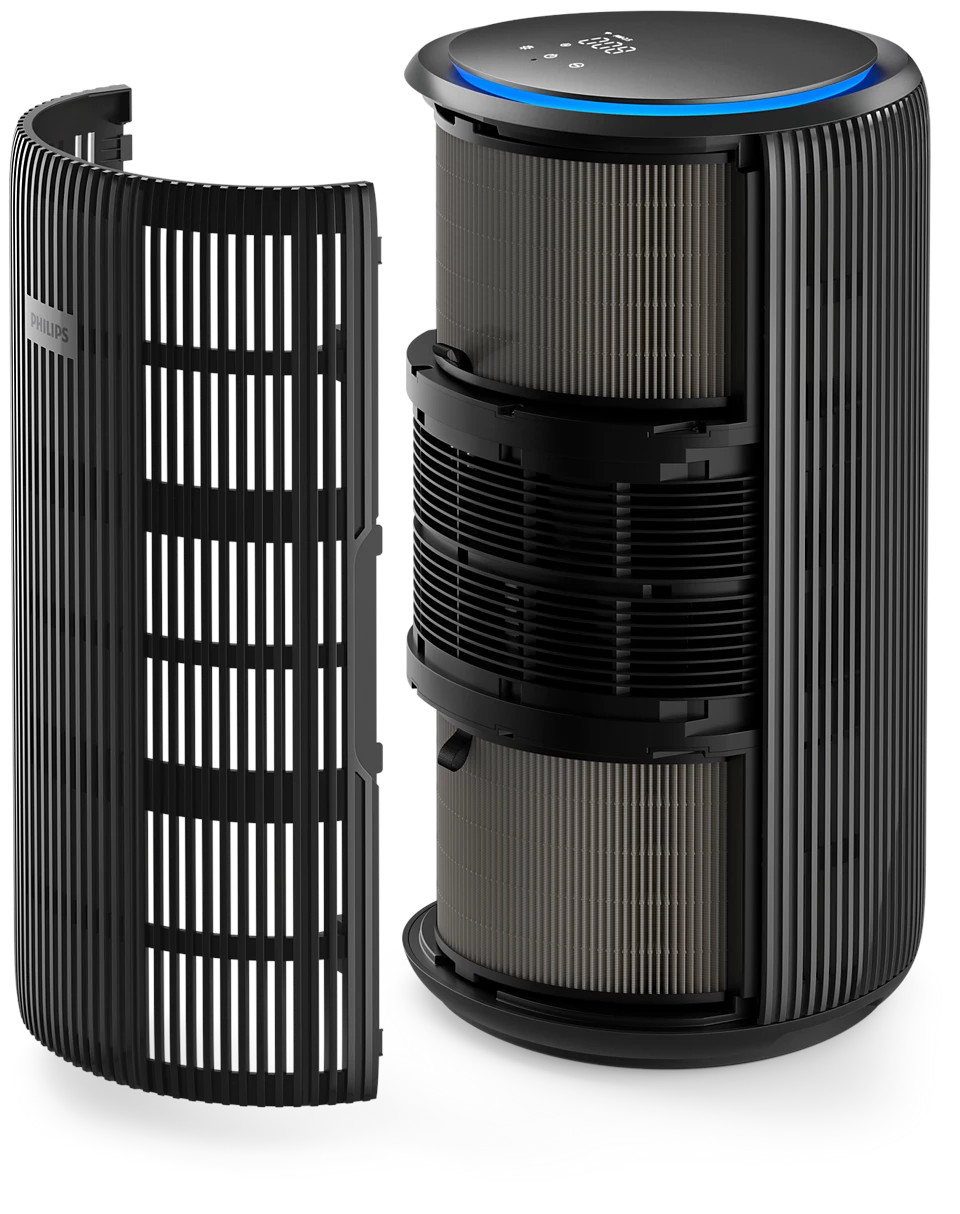 Oczyszczacz powietrza z usuniętym filtrem i obudową zewnętrzną.