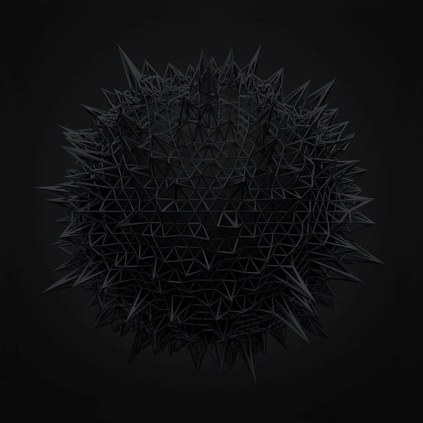 Abstrakte schwarze 3D-Form mit Spitzen. Dunkler Hintergrund mit einer aus Linien geformten Kugel.