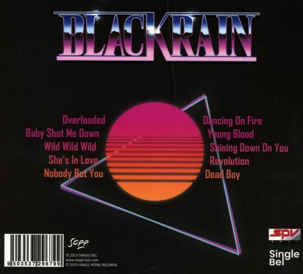 Rückseite des Black Rain Albumcovers mit Songtiteln und Retro-Design.
