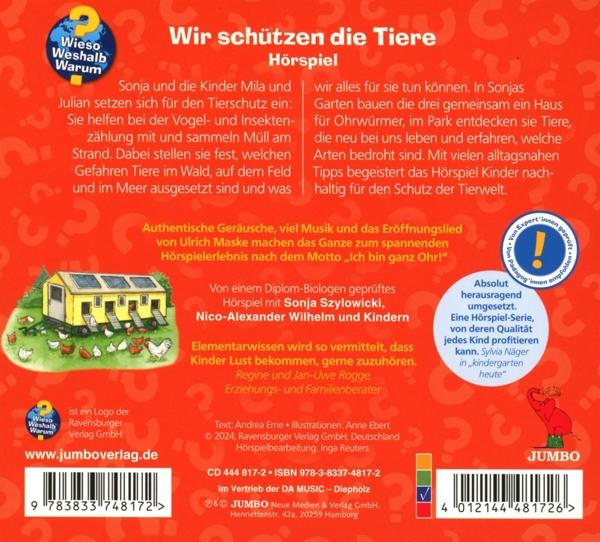 Hörspiel-Cover für Kinder mit Titel 'Wir schützen die Tiere' und Illustrationen.
