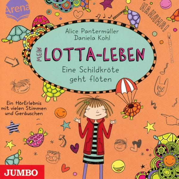 Kinderbuchcover. Cartoon-Illustration eines Mädchens mit roter Jacke und Schildkröten.