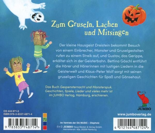 Ein Gespenst, Kürbis, zwei Kinder mit Kartons und Text auf Deutsch.