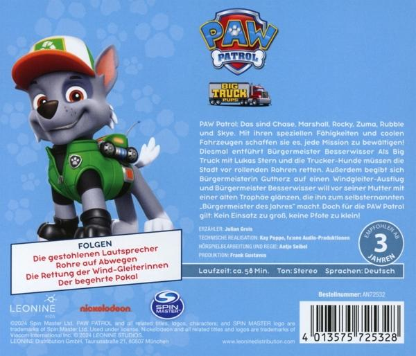 Paw Patrol-Cartoonfiguren auf einem CD-Cover mit deutschem Text und einem Zeichentrickhund.
