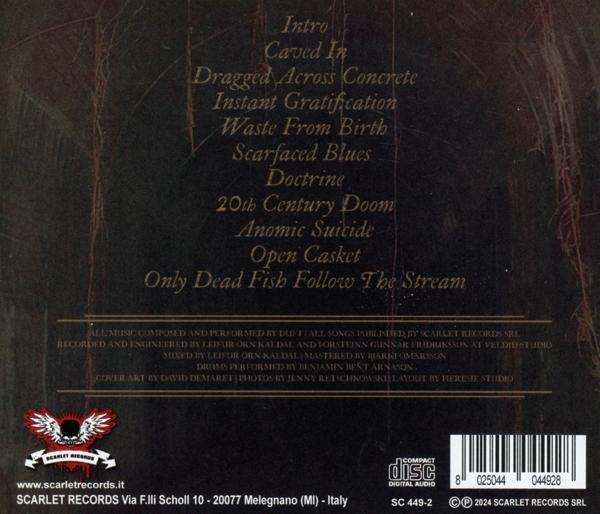 Album-Rückseite mit Titelliste, Texten und Credits. Dunkler Hintergrund, Compact-Disc-Logo.