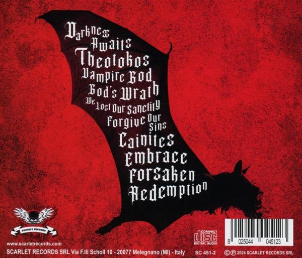 Die Rückseite einer CD-Hülle mit Fledermausflügel-Grafik und Text.