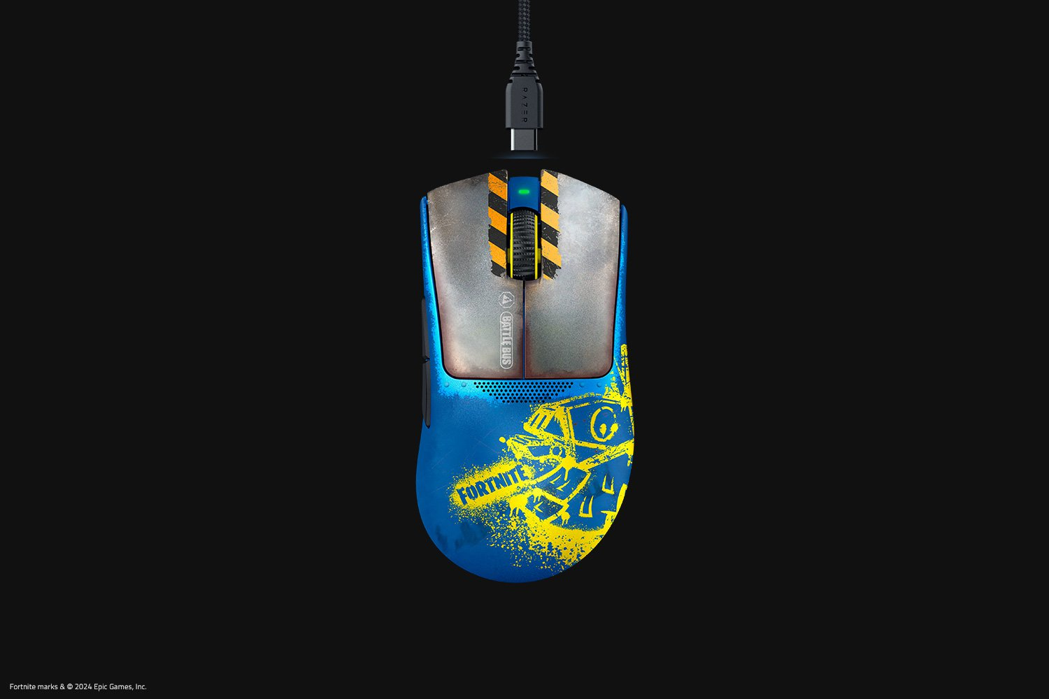 Eine Fortnite-Gaming-Maus mit blauem und gelbem Design auf schwarzem Grund.