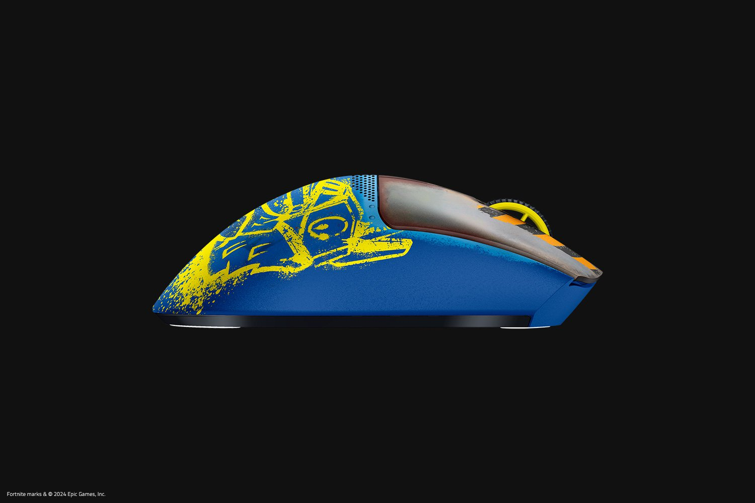 Blau-gelbe Fortnite-Computermaus auf schwarzem Hintergrund.
