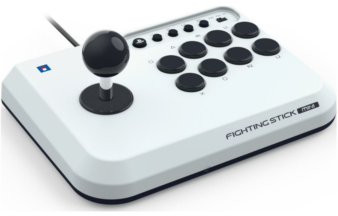Biały kontroler arcade Fighting Stick Mini z czarnym joystickiem i przyciskami.