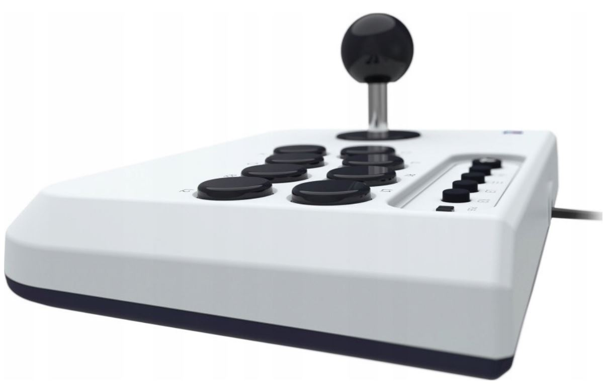 Biały joystick do gier z czarnym joystickiem i przyciskami, widok z kąta.