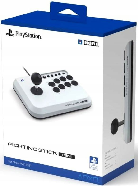 Pudełko PlayStation fighting stick mini. Biało-niebieskie, z joystickiem i przyciskami.