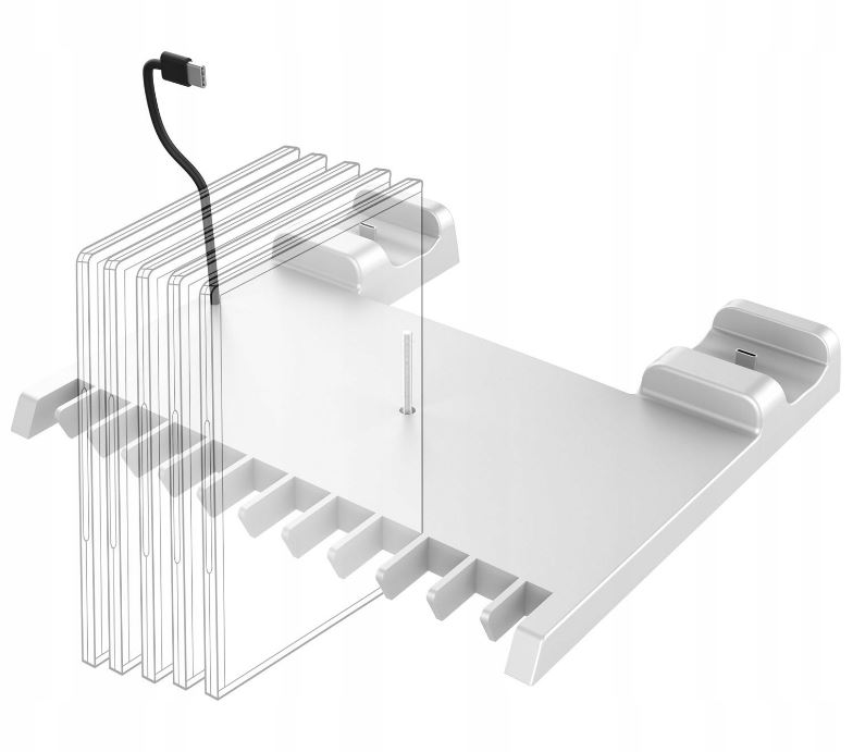 Biały stojak z czarnym kablem do trzymania wielu konsol do gier.