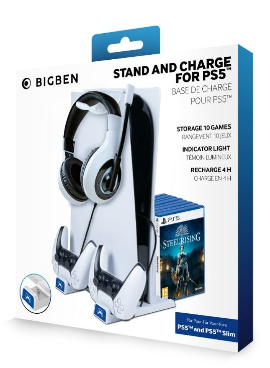 Biały stojak na akcesoria PS5, trzymający zestaw słuchawkowy, kontrolery i gry, z przechowywaniem i ładowaniem.