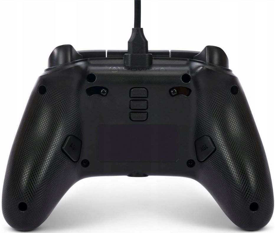 Czarny widok z tyłu kontrolera do gier z przyciskami i kablem.