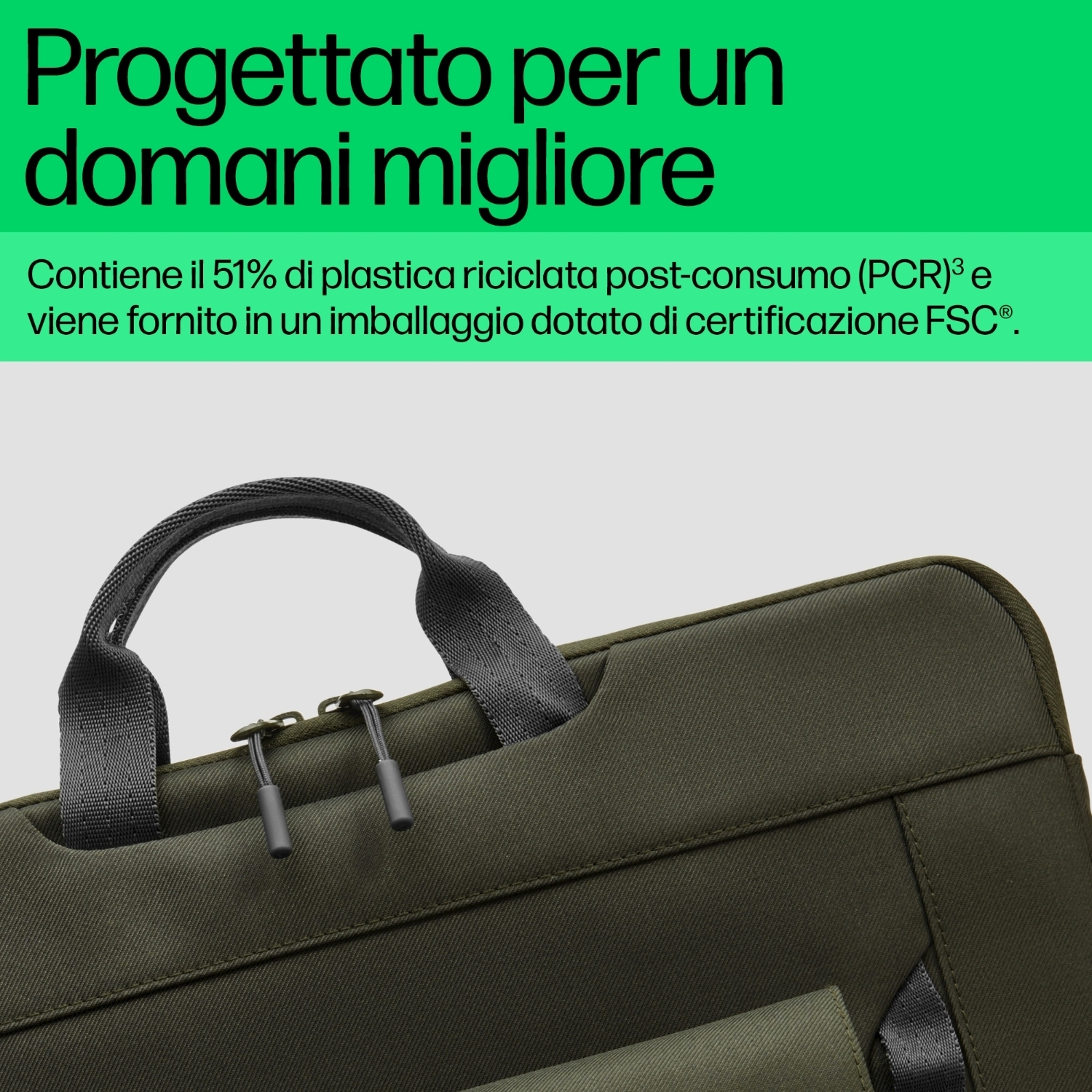 Una borsa per laptop verde scuro con manico e cerniera neri.