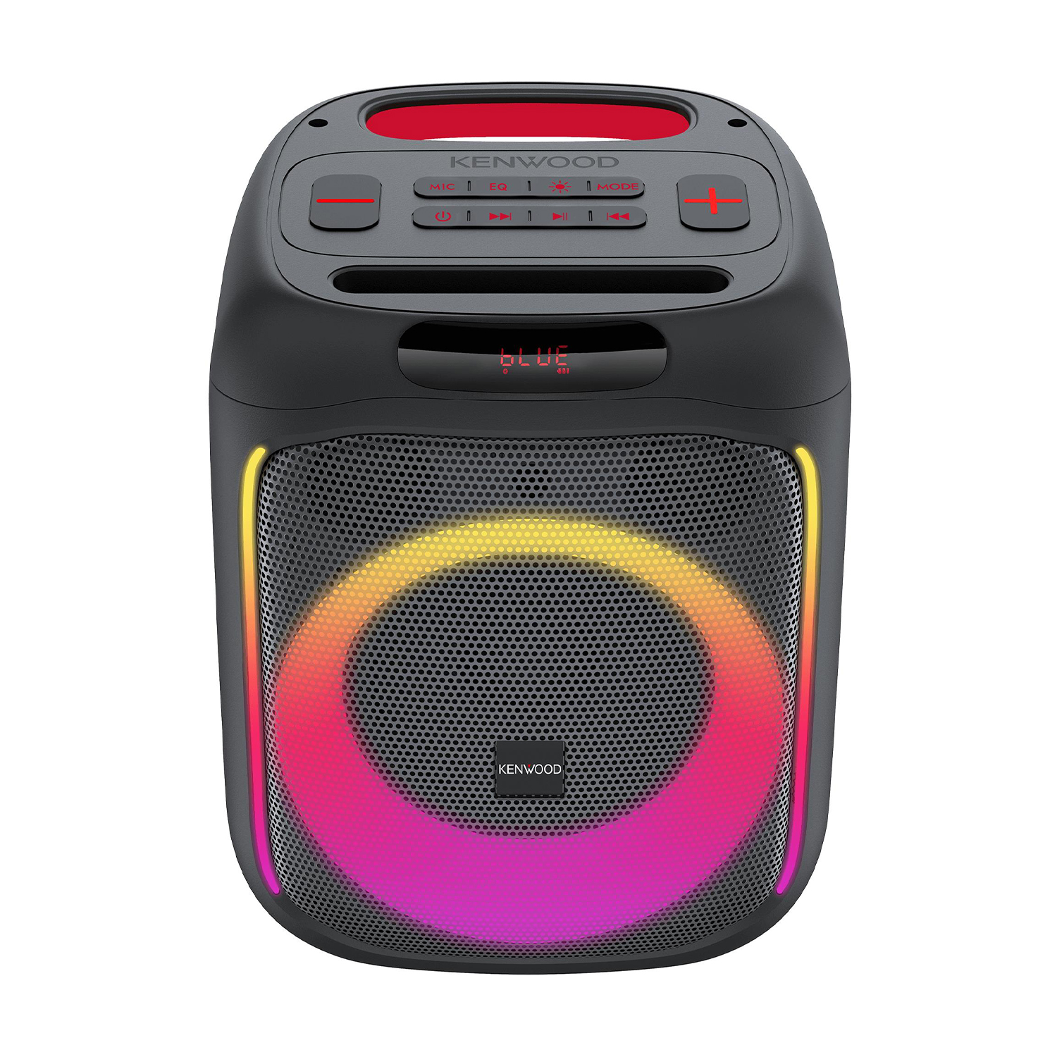 Un altoparlante Kenwood nero con luci e pulsanti colorati.