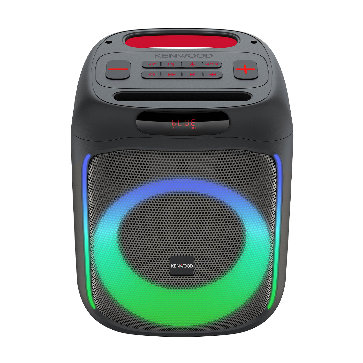 Altoparlante nero con anello luminoso colorato, pulsanti di controllo e display digitale, sfondo bianco.