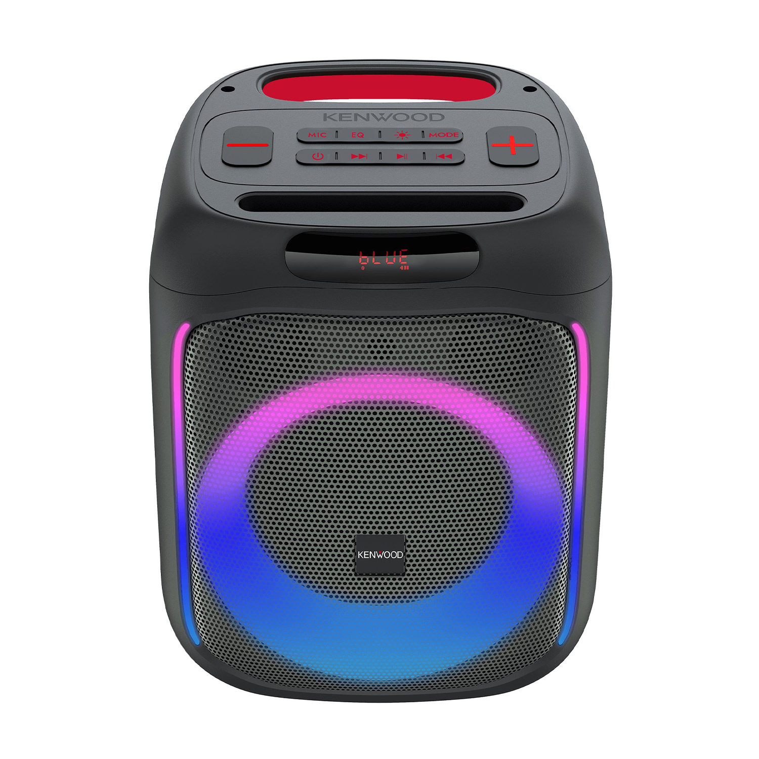 Altoparlante Kenwood nero con luci rosse e blu, isolato.