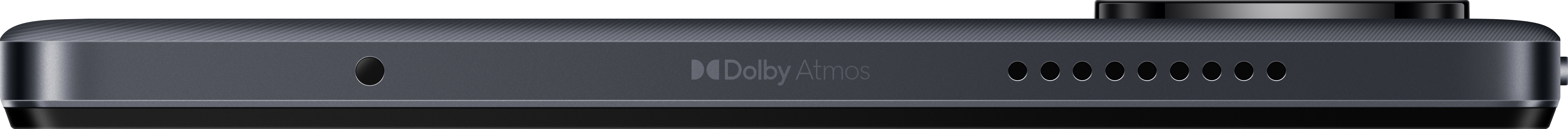 Die Unterseite eines dunkelgrauen Tablets mit Lautsprecher und Dolby Atmos Logo.