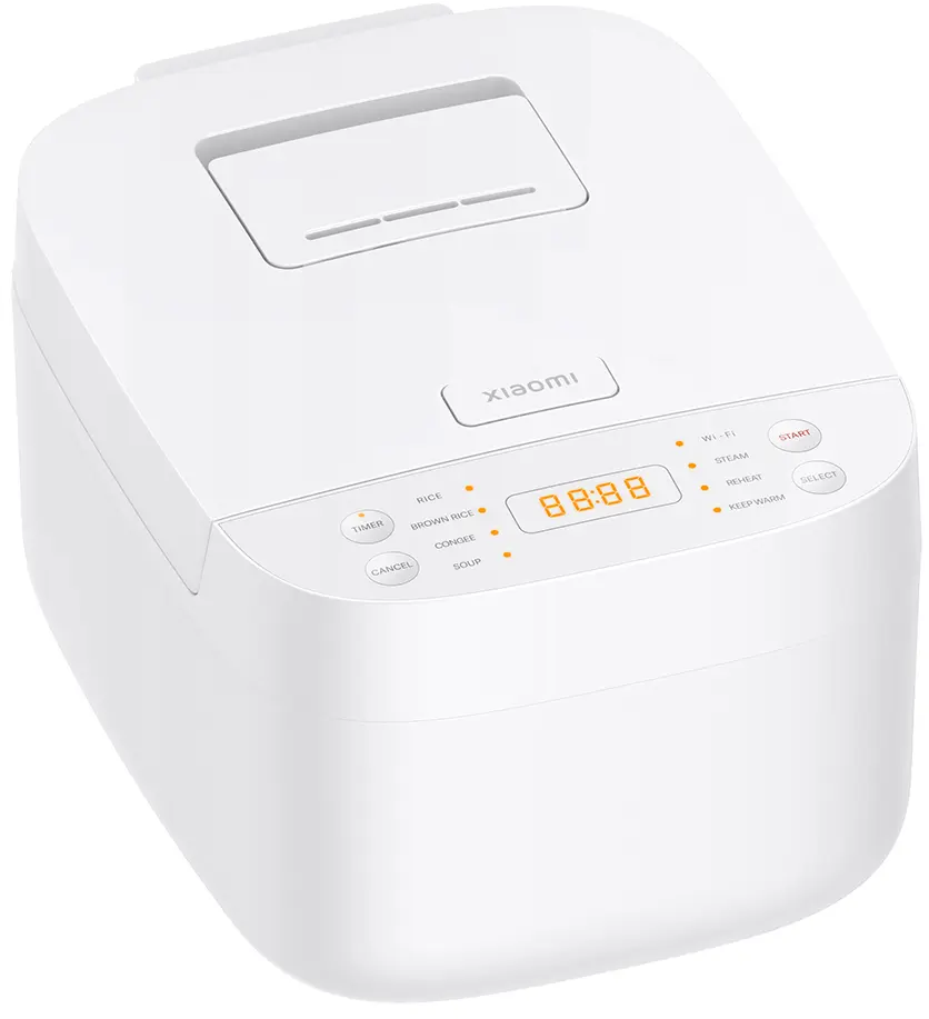 Cuociriso bianco con display digitale, pulsanti e coperchio. Logo 'Xiaomi' in alto.