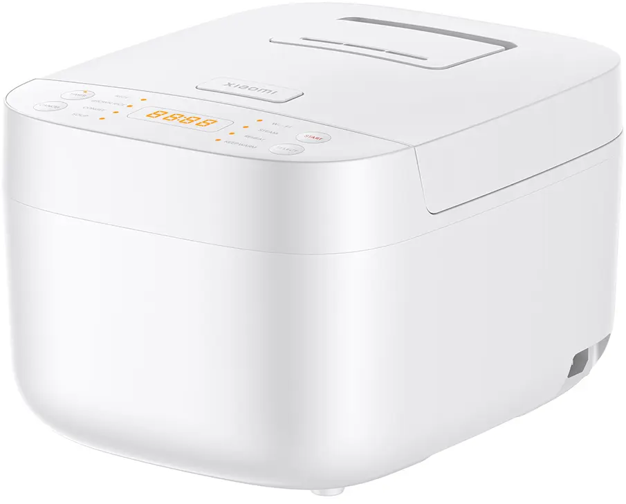 Cuociriso Xiaomi bianco. La parte superiore ha un pannello display. Design arrotondato, pulsanti.