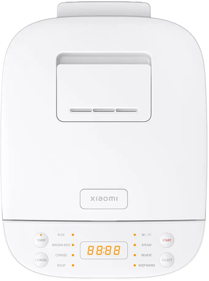 Cuociriso Xiaomi bianco con display digitale 88:88. Tasti delle impostazioni visibili.