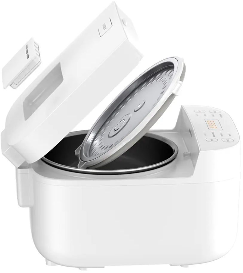 Cuociriso bianco con coperchio aperto, con alcune parti separate.