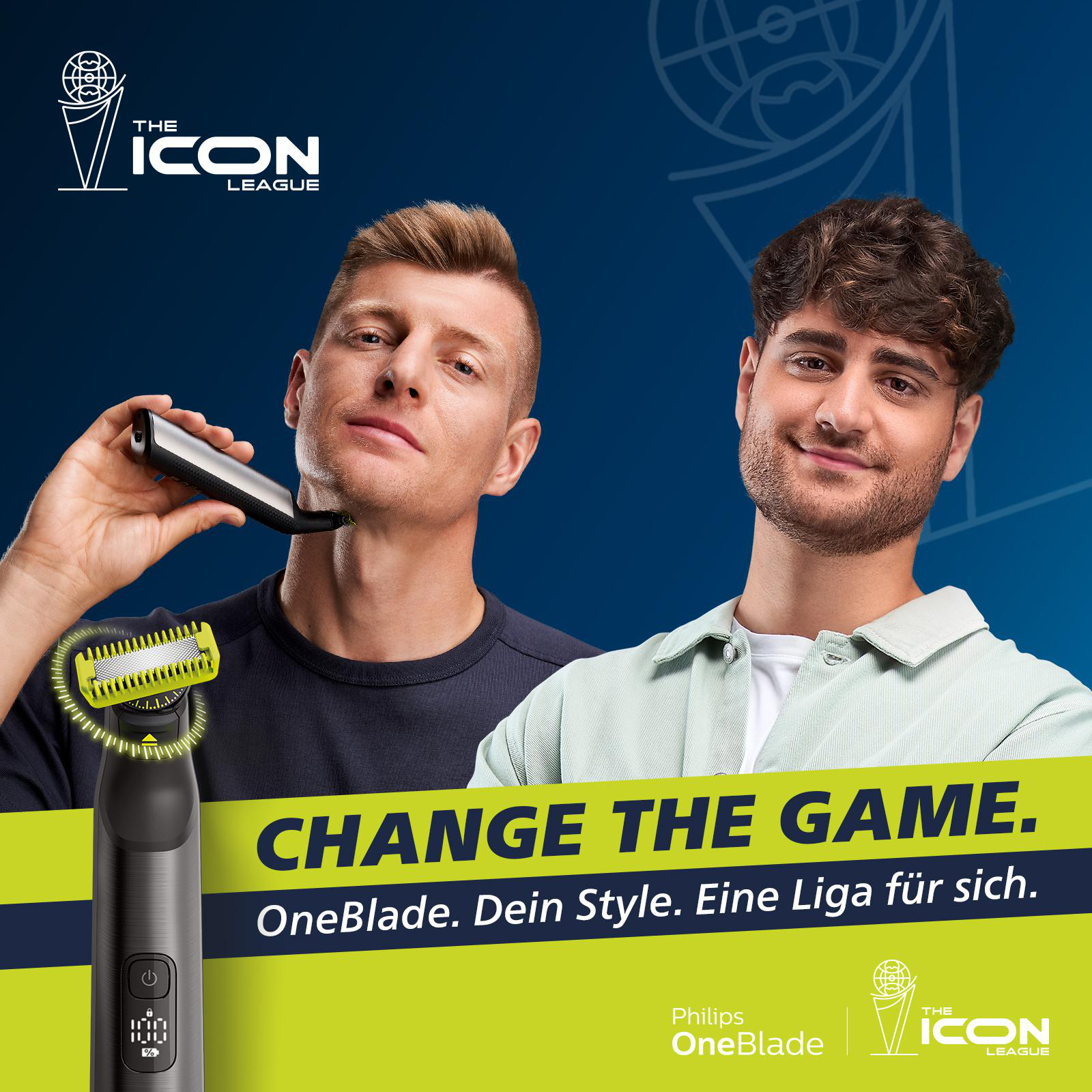 Zwei Männer, einer rasiert sich mit einem Philips OneBlade, mit Marketingtext und Logo.