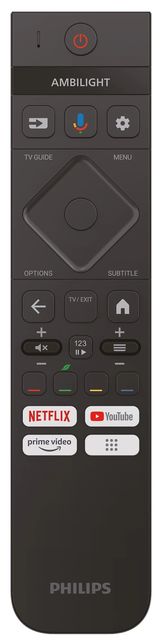 Czarny pilot do TV z przyciskami i logo Netflix, YouTube i Prime Video.