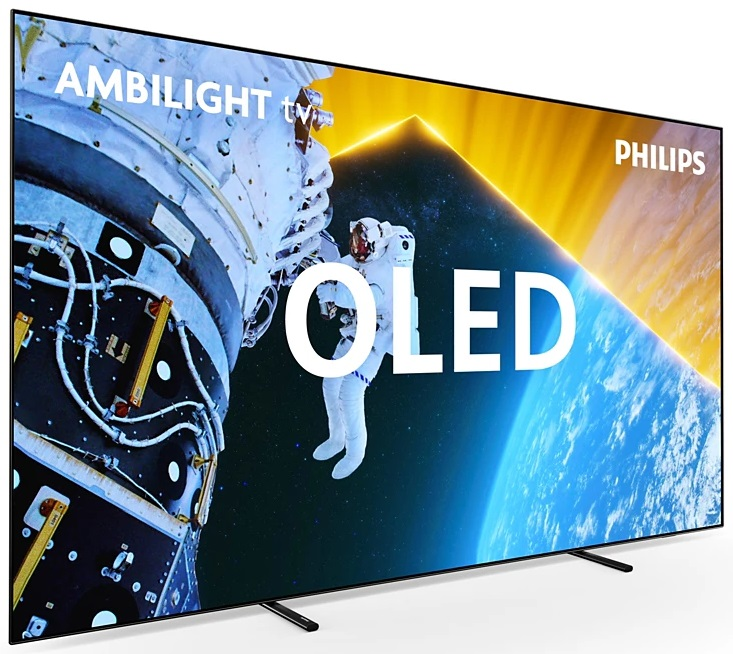 Duży telewizor OLED pokazujący scenę kosmiczną. Astronauta w kosmosie, widoczna Ziemia i przestrzeń kosmiczna.