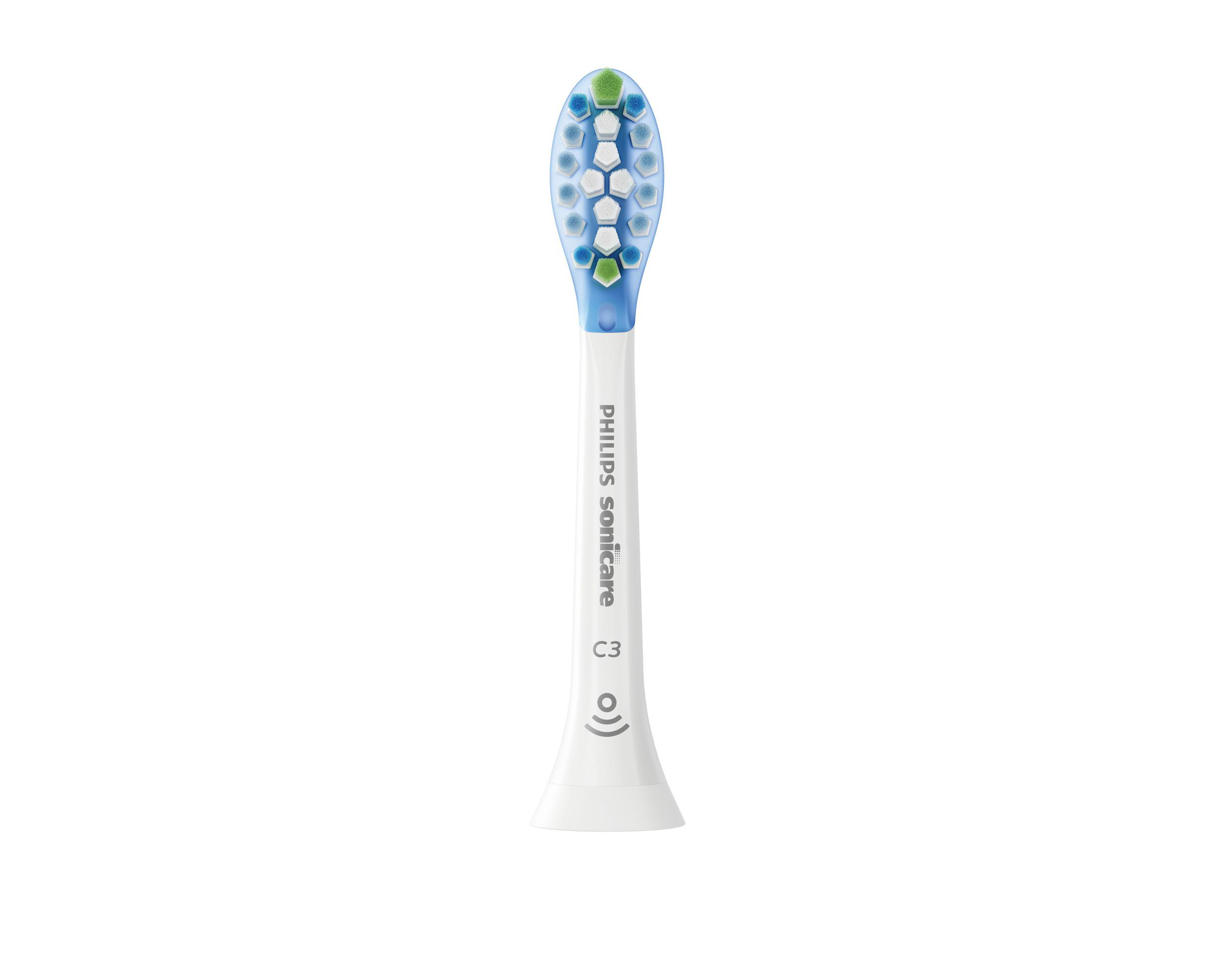 Nahaufnahme eines weißen Philips Sonicare-Zahnbürstenkopfes mit blauen und grünen Borsten.