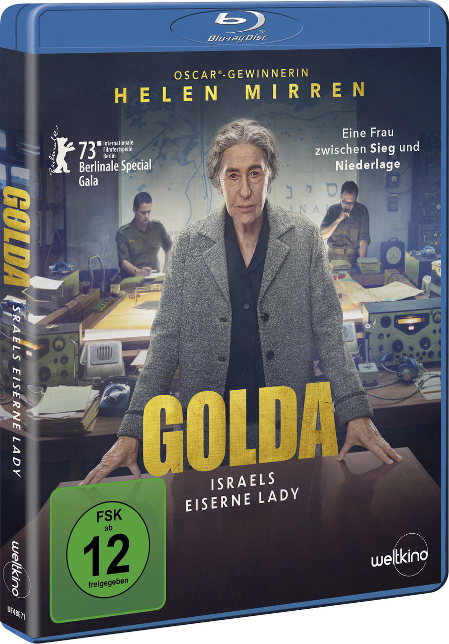 Golda-Filmcover mit Helen Mirren, Text und Schauspielern im Hintergrund.