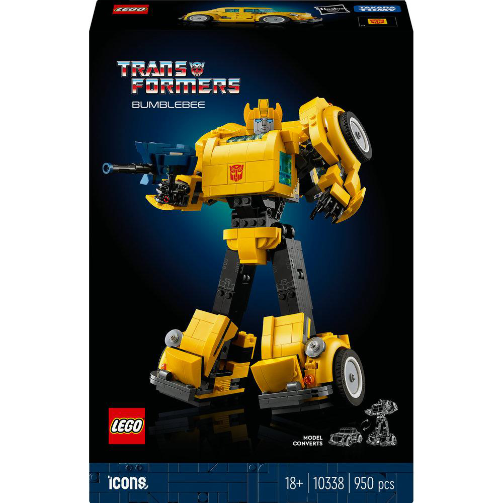 Gelber Lego Bumblebee-Transformator auf einer Schachtel. Es ist ein Spielzeug für Erwachsene.