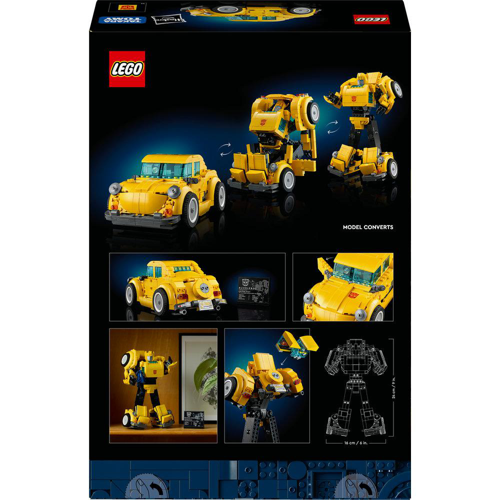 Die Rückseite einer Lego-Box, die ein gelbes Auto zeigt, das sich in einen Roboter verwandelt.