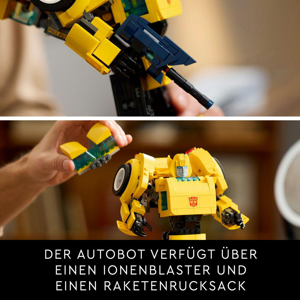 LEGO Bumblebee Transformer. Der Autobot hat einen Ionenblaster und einen Raketenrucksack.