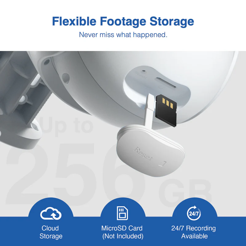 Egy fehér biztonsági kamera fekete microSD kártyával, fehér háttéren szöveggel.