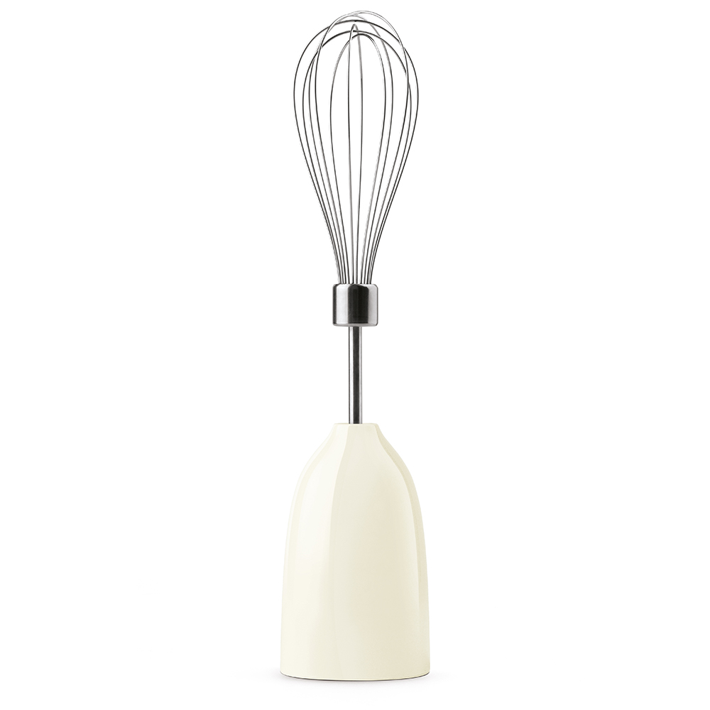 Cremefarbener Stabmixer mit Schneebesen aus Edelstahl.