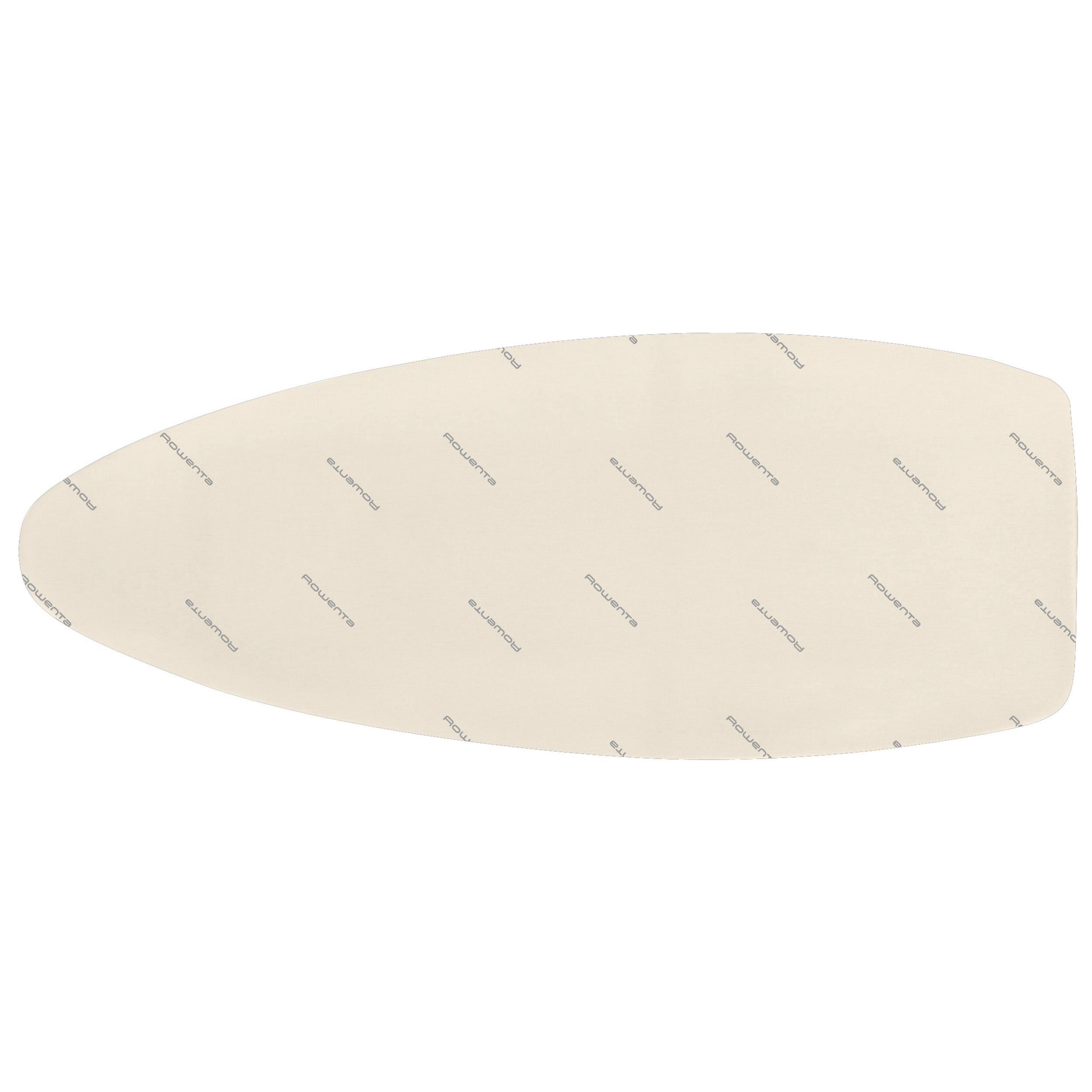 Ein cremefarbener, oval geformter Bügeltischbezug mit wiederholtem 'Rowenta'-Aufdruck.