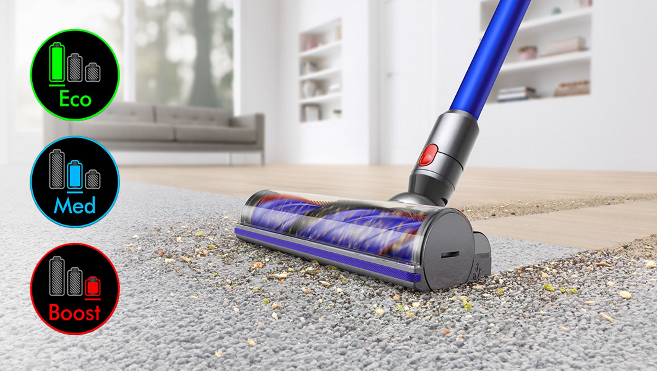 Un aspirateur Dyson nettoyant un tapis, avec des icônes montrant les réglages d'alimentation Eco, Med et Boost.