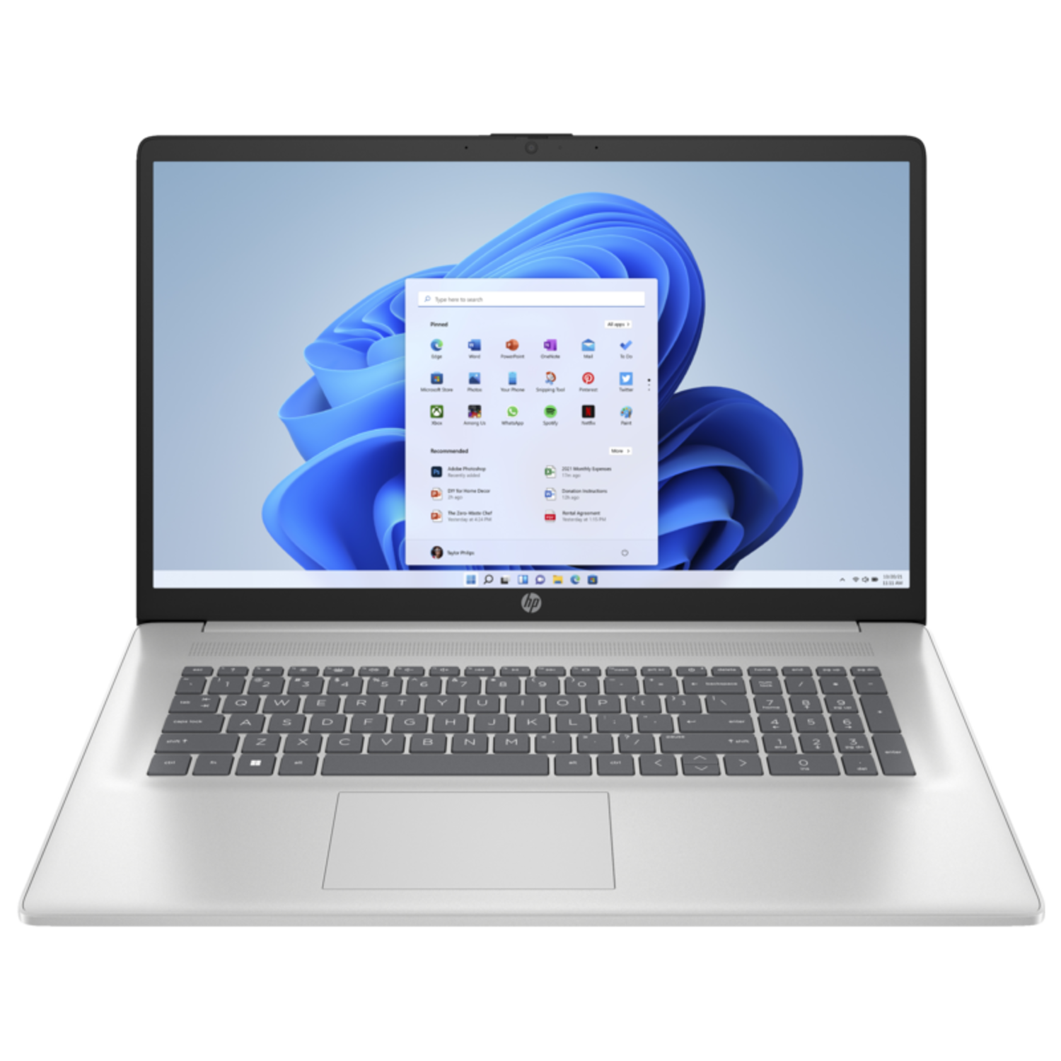 Zilveren HP laptop met een Windows-scherm met app-pictogrammen.