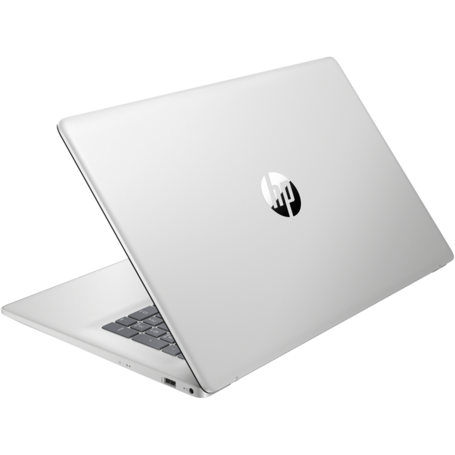 Een zilveren laptop met een HP-logo, lichtjes open, op een zwarte achtergrond.