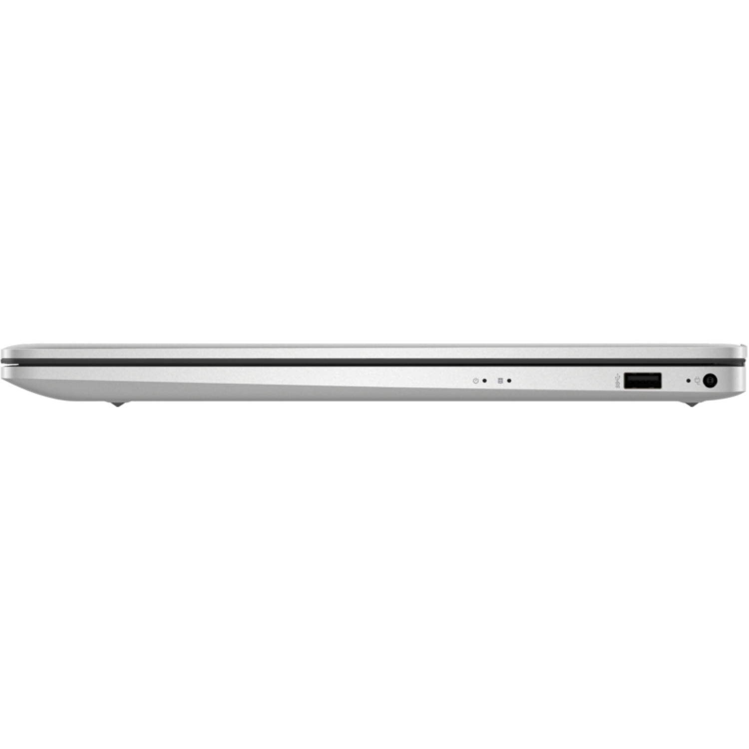 Zijaanzicht van een zilveren laptop, met de rand met poorten. Op een zwarte achtergrond.